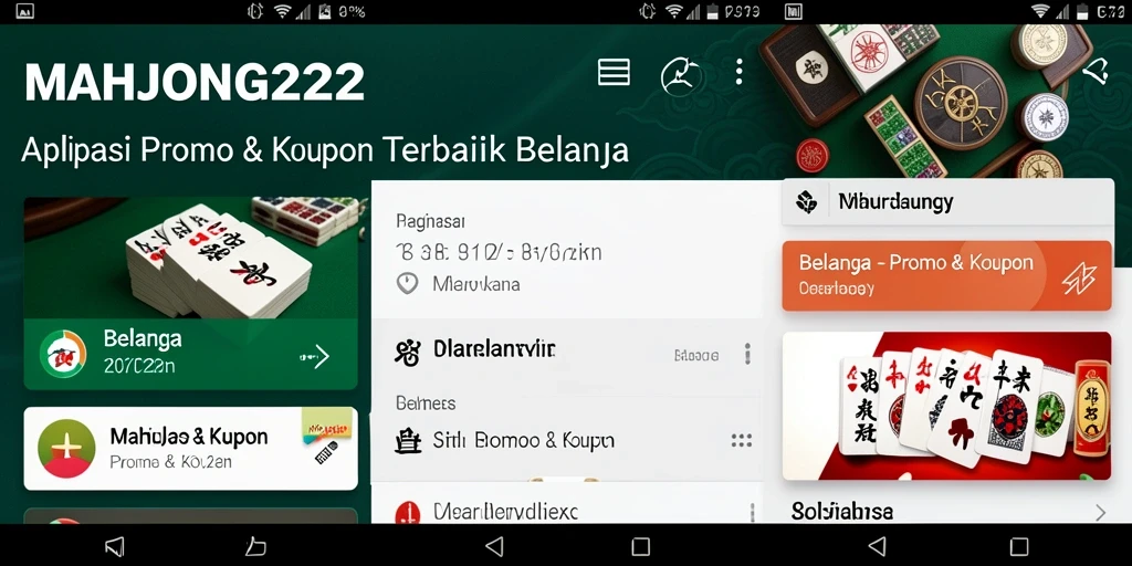 Antarmuka aplikasi MAHJONG222 menampilkan berbagai promo menarik untuk belanja.